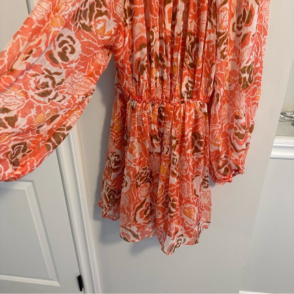 Tanya Taylor Pink Floral Linen Silk Long Sleeve Mini Dress 2 Oversized - Picture 5 of 15